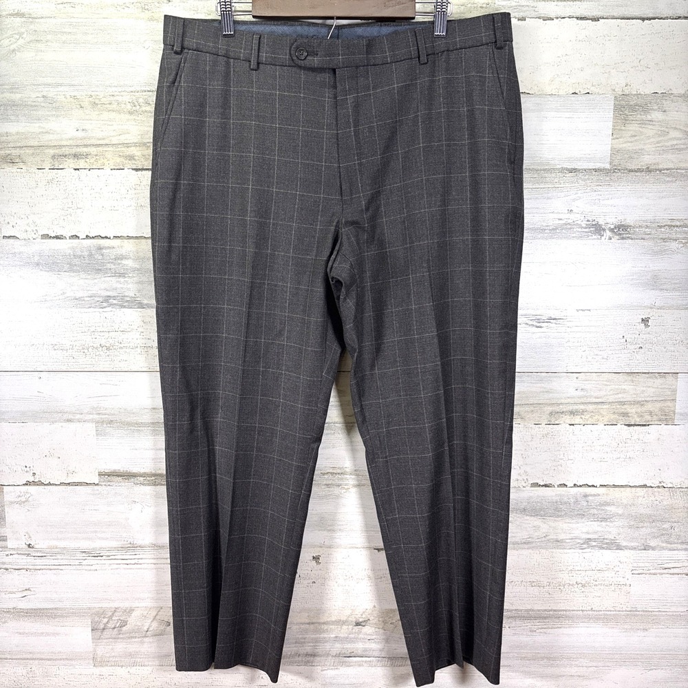 BALLIN Mens Gray Super 110's Wool  Plaid Comfort "EZE" Summer Pants‎ Sz 39